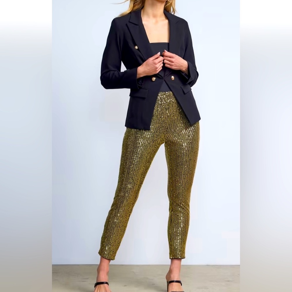 New York and Company, high waisted, gold sequence, leggings, size large.